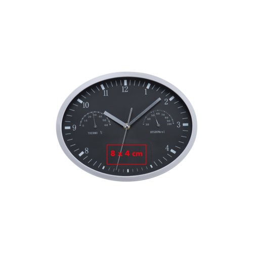 Schwarze Wanduhr mit Thermometer und Hygrometer.