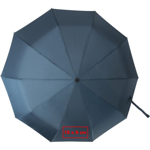 Blauer Automatik-Taschenschirm mit Bezug und Griff.