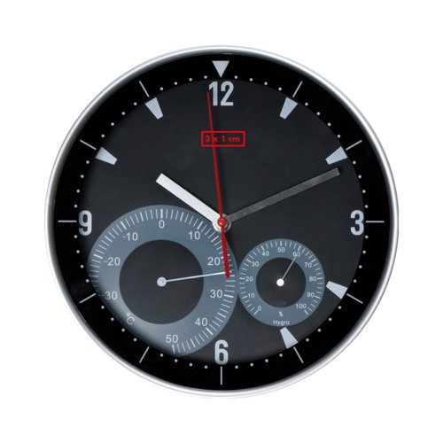 Schwarze Wanduhr mit integriertem Thermometer und Hygrometer.