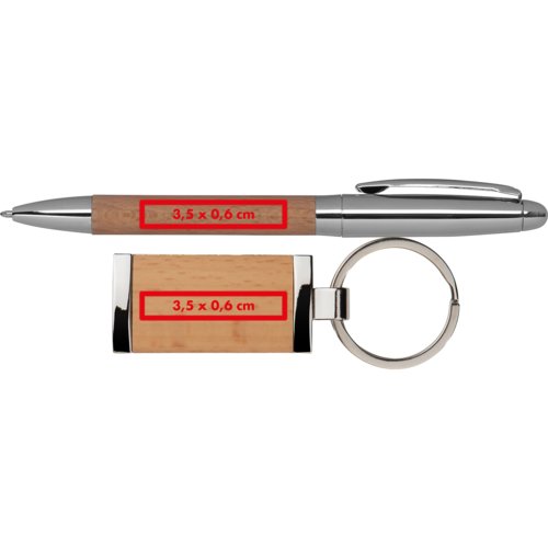 Holz und Metall Geschenkset, bestehend aus einem Kugelschreiber und einem Schlüsselanhänger.