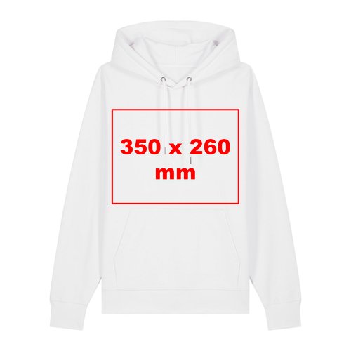 Weißer Hoodie aus Stoff mit Kapuze und Kängurutasche.
