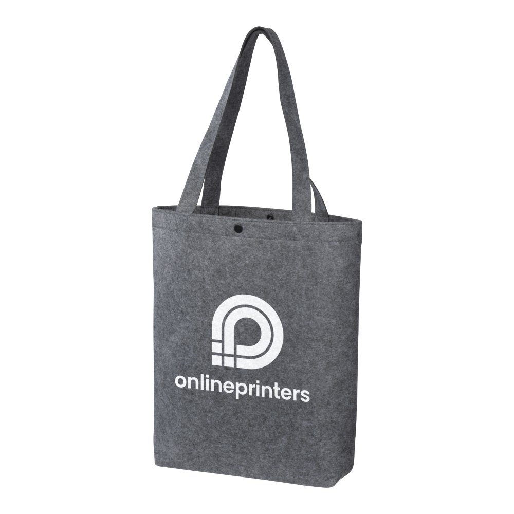 Graue Tragetasche aus Filz mit zwei Griffen und einem Druckknopfverschluss oben. Die Tasche ist auf einer Seite mit einem weißen Logo und dem Text „onlineprinters“ in Kleinbuchstaben versehen.